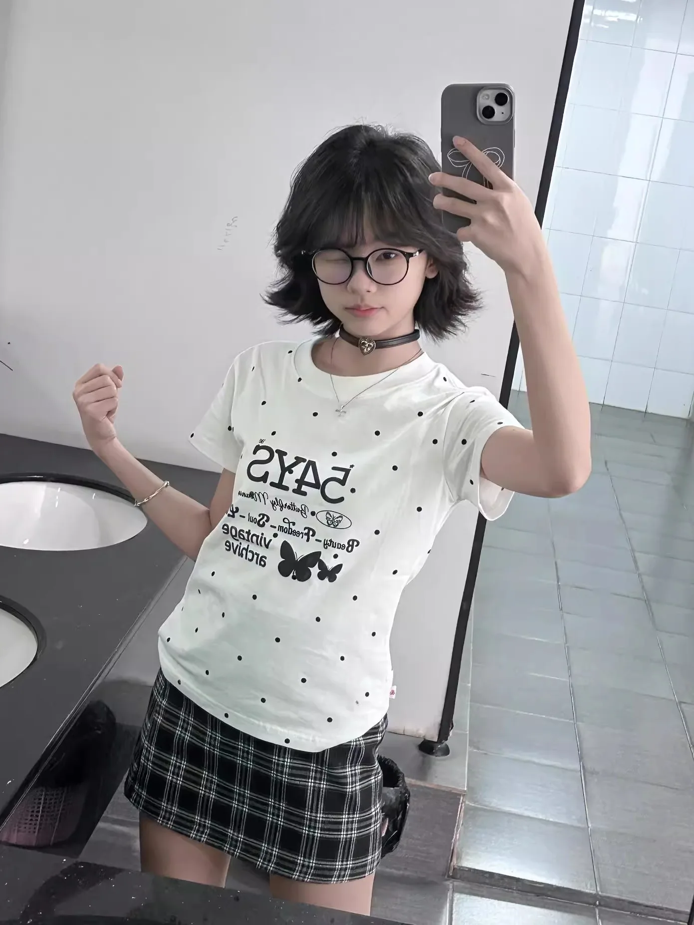 Slim Fit Pure Cotton ort Sve T-irt Women's Casual Sle round Ne Print Top High Elastici Polka Dot  Design