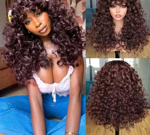 Black Curly Wigs With Bangs Long Curly Afro Wig for Women Synthetic Hair for Daily Party Cosplay Costume