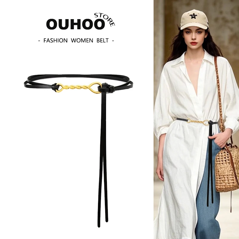 Elegant Adjustable Thin Waist Belt for Women Fashion Metal Buckle Skinny Knot Belt for Dress Shirt and Coats