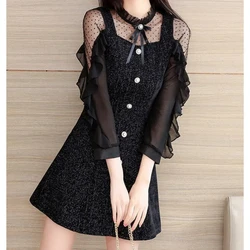 Lantern Long Sleeve Lace Patchwork Pullover Women's Button Round Neck Ruffles Gauze Bow Spring Autumn Mini Skirts Dresses