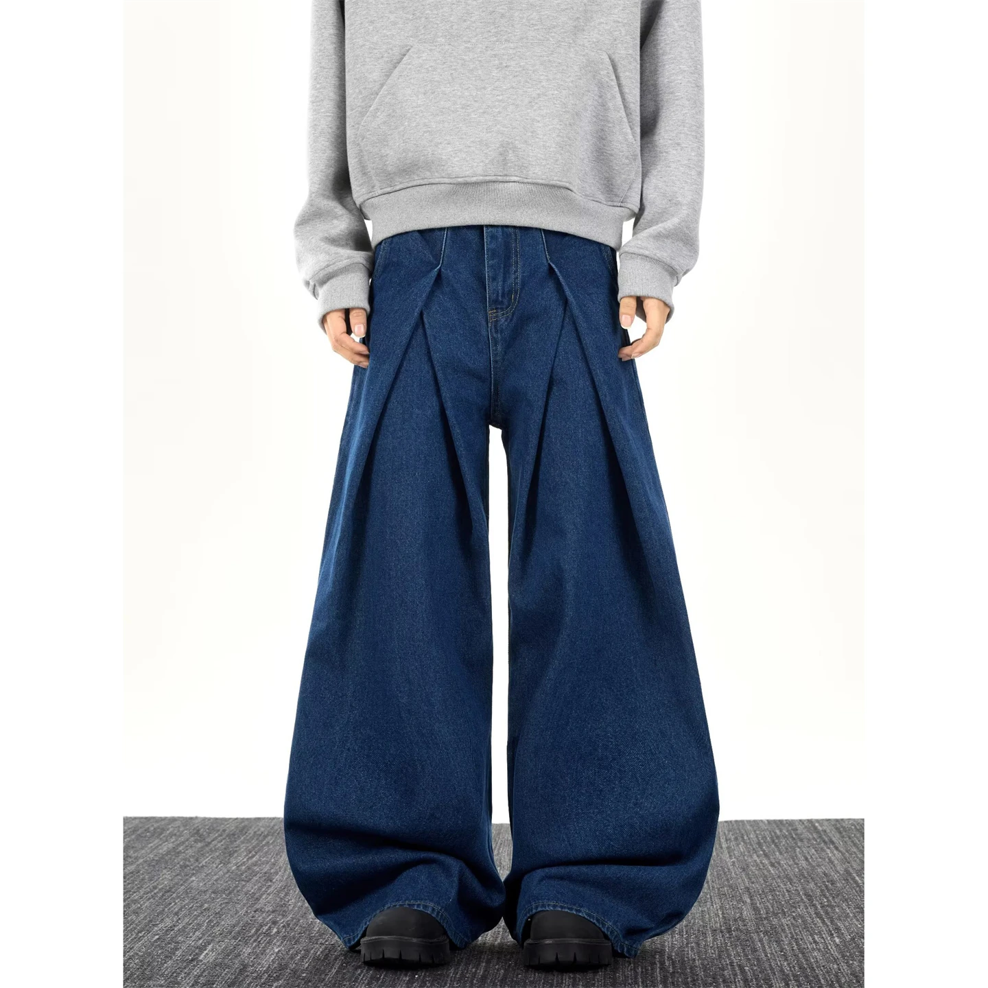 

American Retro 3D Pleated Wide Leg Jeans Men's Loose Casual Blue Straight Blade Pants Women's Faion Brand Matching Jeans