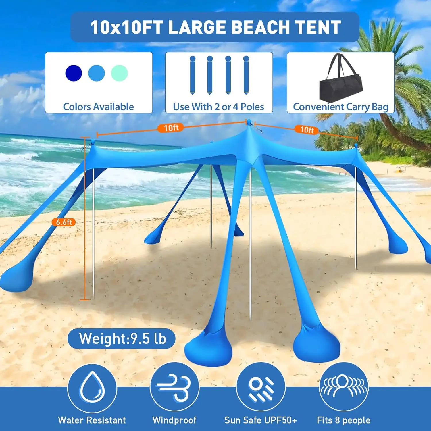 Tent Canopy Pop Up Shade 10x10ft Sun Shelter Portable Family UPF50+ with 8 Sandbags-2 Sand Shovel-4 Aluminum Poles-Ground Pegs-C