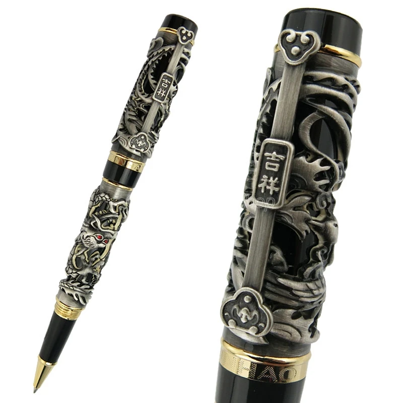 Jinhao Vintage Ancient Gray Dragon And Phoenix Carving Embossing Heavy Roller Ball Pen Professional Office Stationery