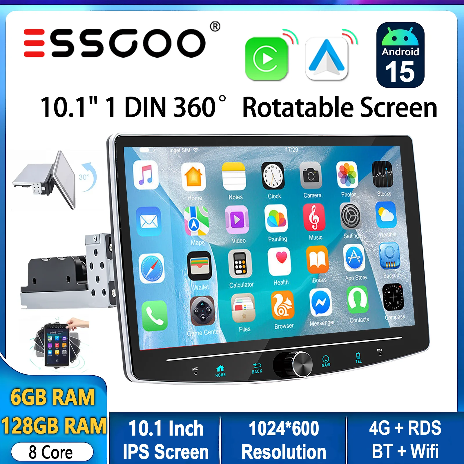 ESSGOO Android 15 10.1" 360 °   Pantalla giratoria 1DIN 6+128G 8core 4G Universal Carplay estéreo para coche con micrófono AM Wifi BT RDS SWC