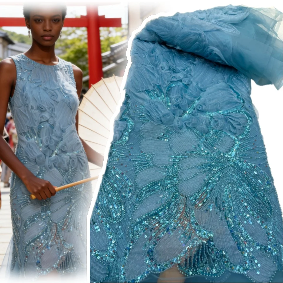 

3D Fashion African Beaded Lace Fabric 5 Yards Peach French Sequined Embroidered Mesh Lace Fabric Women Wedding Party Dress 1981