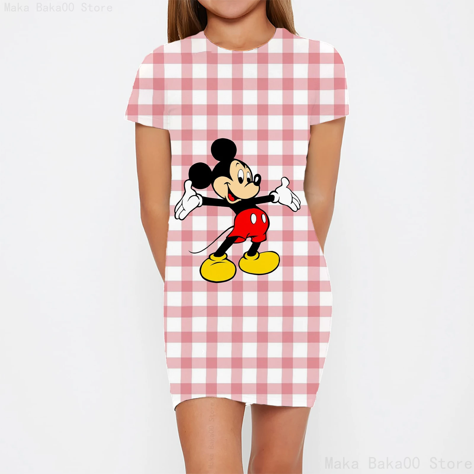 Robe moulante à manches courtes et col rond pour fille de 0 à 14 ans, tenue de princesse mignonne à imprimé Disney Minnie