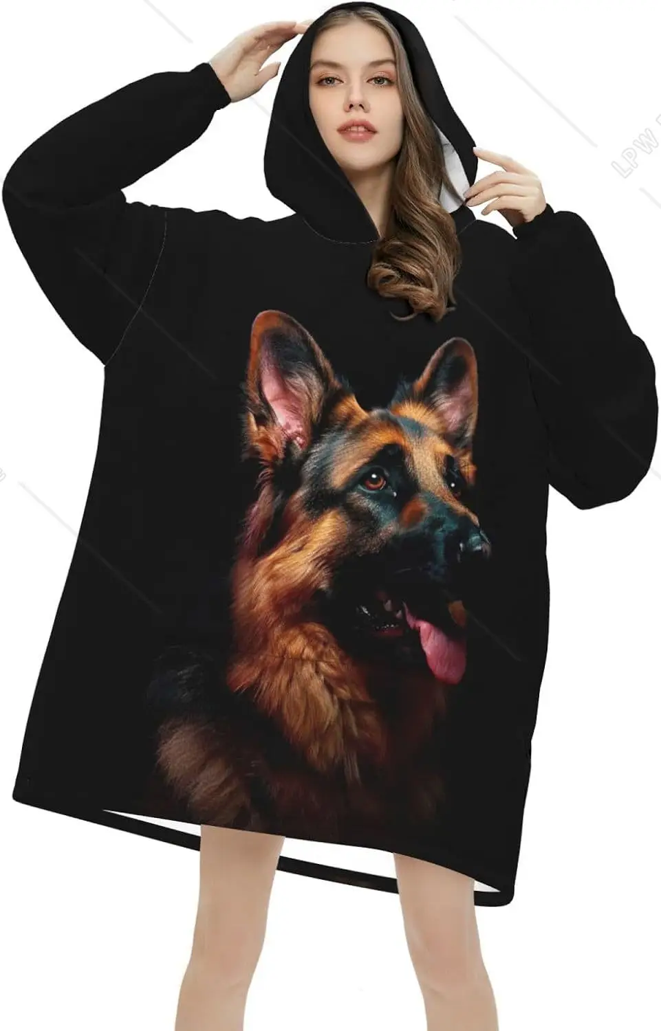 Dog German Shepherd Wearable Blanket Hoodie Animal Pattern Oversized Sweatshirt Blanket Cozy Warm Sherpa Hooded Blanket