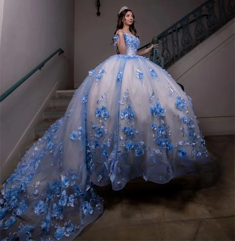 

Sky Blue Quinceanera Dresses Ball Gown Off The Shoulder Tulle Floral Pearls Sweet 16 Dresses 15 Años Mexican