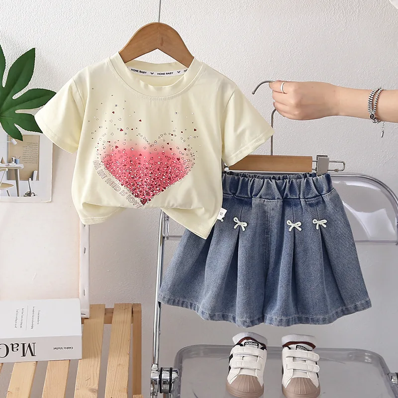 Toddler Girls Summer Outfits 2026 New Cute Love Rhinestone Round Neck Short Sleeve T-shirt and Bow Pleated Skirt Two Piece Set