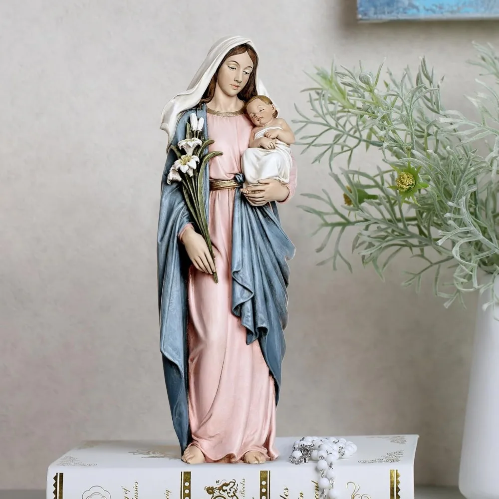 تمثال مادونا والطفل المرسوم يدويًا 13.5، ديكور منزلي كاثوليكي، مريم مع شخصية يسوع الطفل، تمثال مريم العذراء المباركة