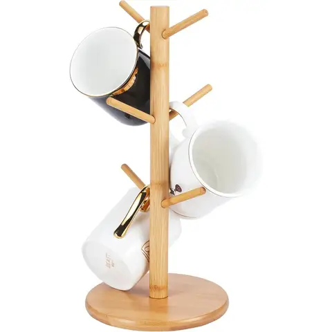 Bamboo Mug Tree Holder, Upgraded Screw Type 6 Hooks Coffee Mug Holders