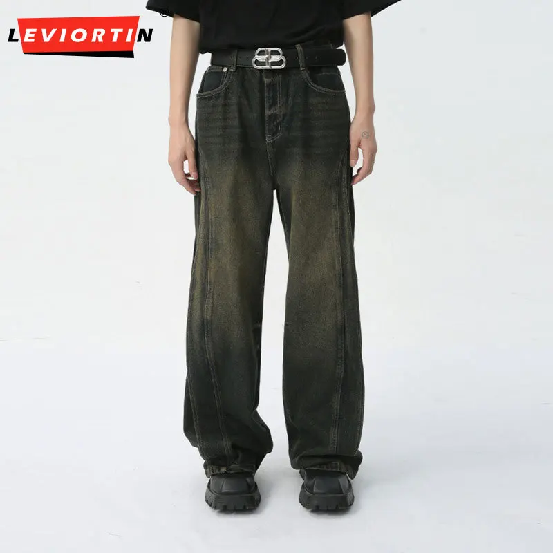 

Новинка Весна 2024 года, мужской широкий выпуск, неорганизованный и сращенный дизайн, ретро стираемый Повседневный старый джинсовый тренд