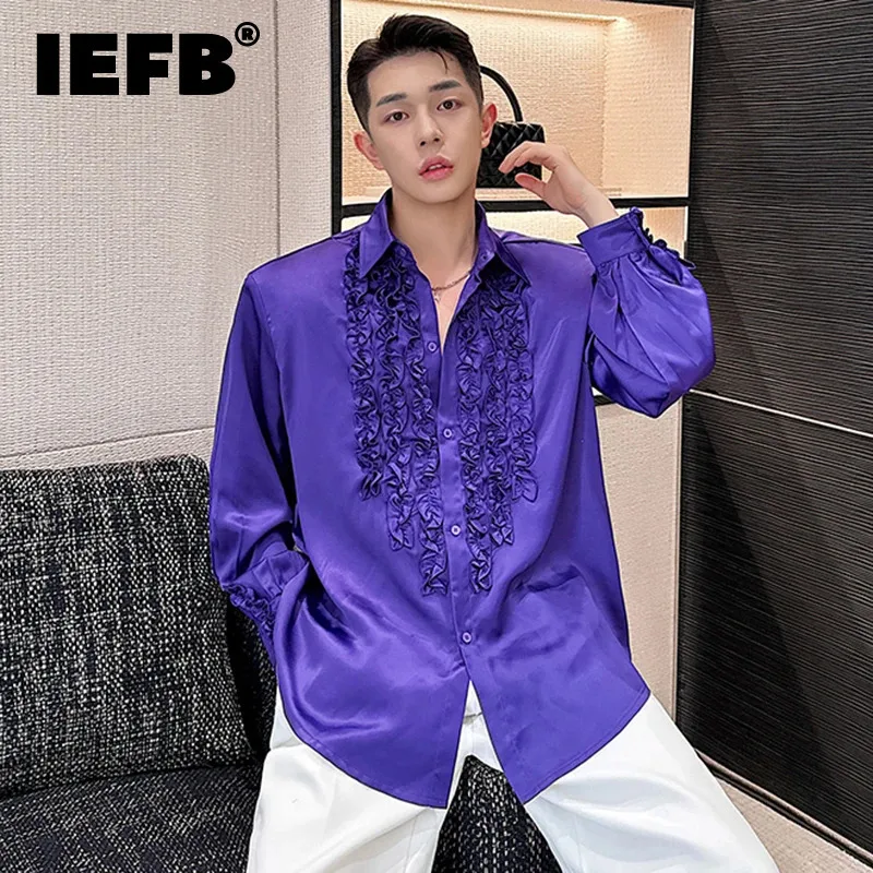 IEFB New Men\'s Satin Shirts Long Sleeve Shirt Falbala Patchwork Lapel Solid Color Male Top Casual Men Clothing Summer 9C4943