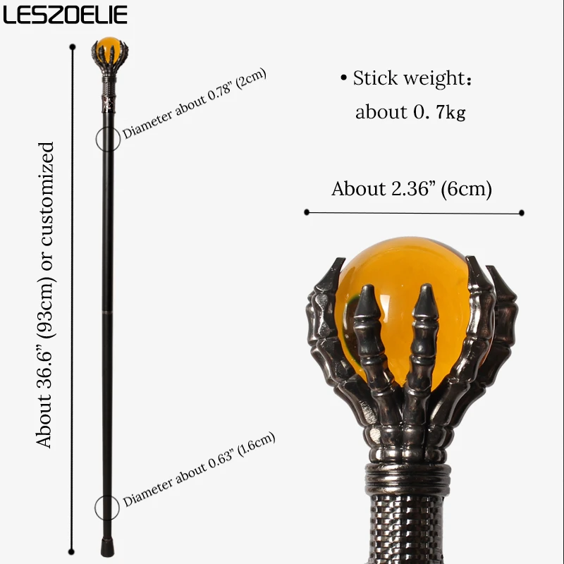 Bastón con garra de dragón de 93cm, bola de cristal naranja, bastones chapados en plata Unisex de moda para bastón decorativo para fiesta
