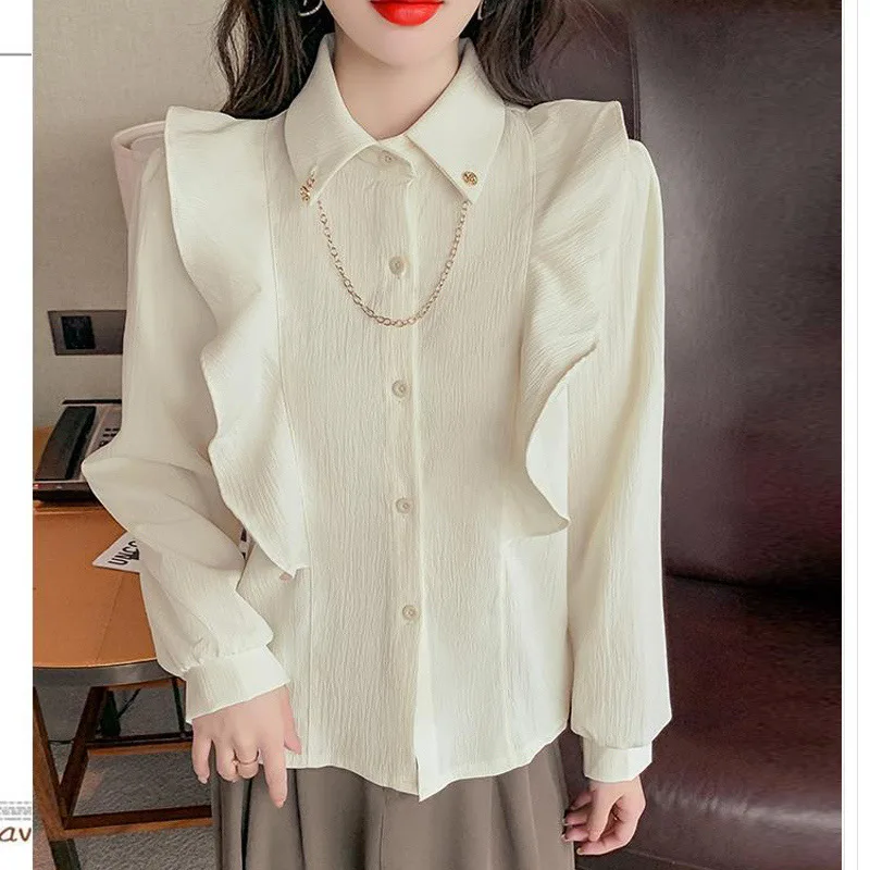 Spring Autumn Retro Korean Style Ruffles Elegant Chic Chain Women\'s Button Up Shirt Long Sleeve Office Ladies Blouse Tops Blusas