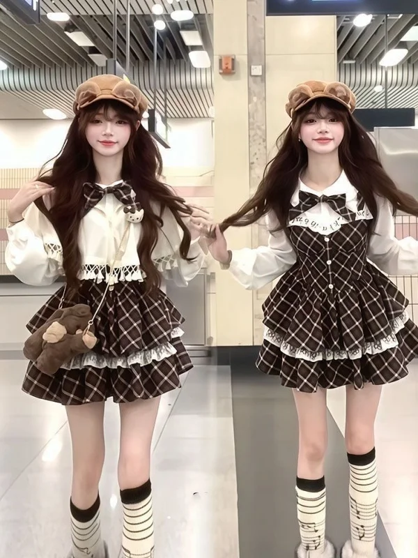 

Cute Girl's Two-Piece Set with Shawl And Short Skirt Bow Tie College Style Winter Fashion Women's Ensemble Long Sleeve Plaid
