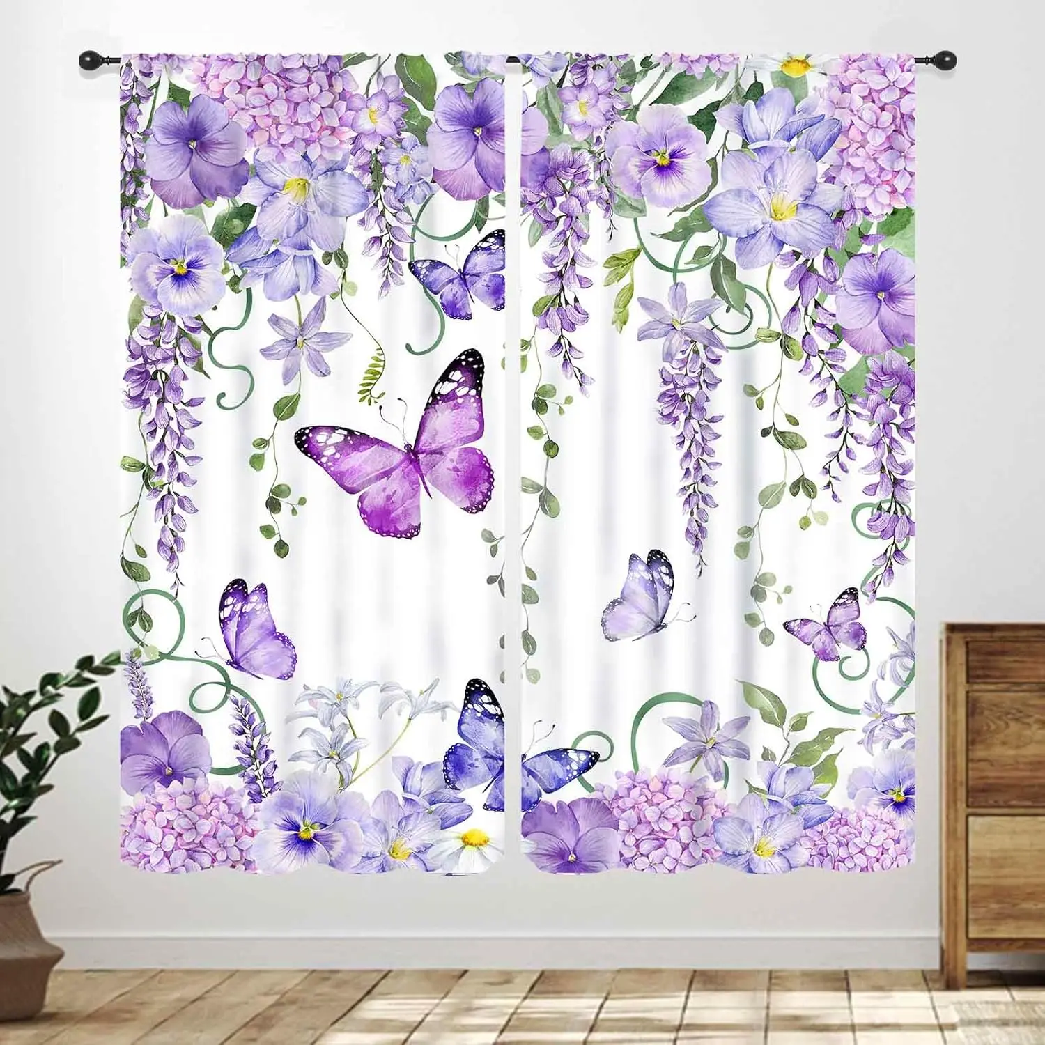 Purple Butterfly Curtains,Spring Watercolor Eucalyptus Leaves Hydrangea Floral Farmhouse Country Window Treatment for Bedroom