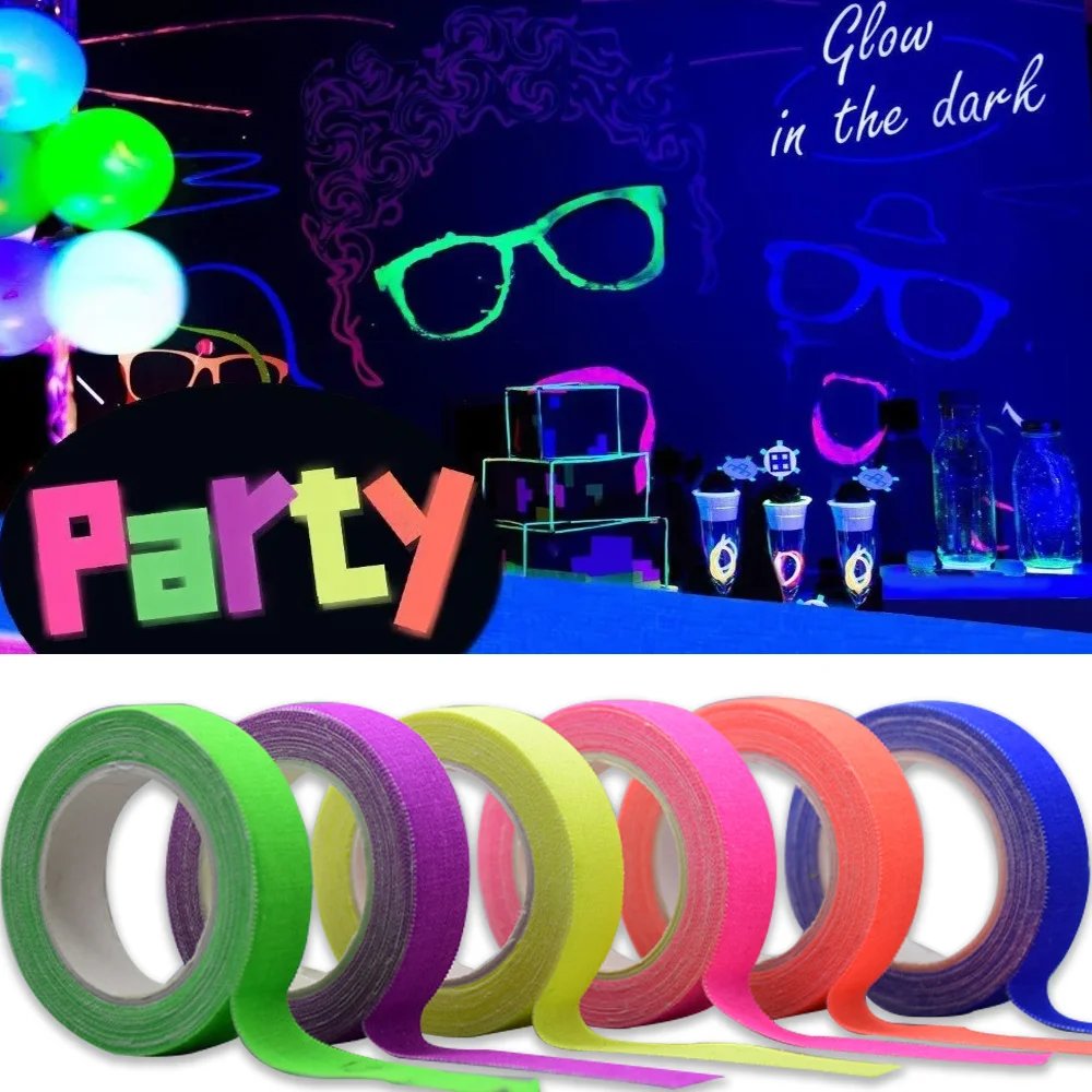 5Meter 6 Colors Neon Gaffer Cloth Tape Fluorescent Rainbow Color Party Non-Reflective Glow in The Dark Tape Under UV Black Light