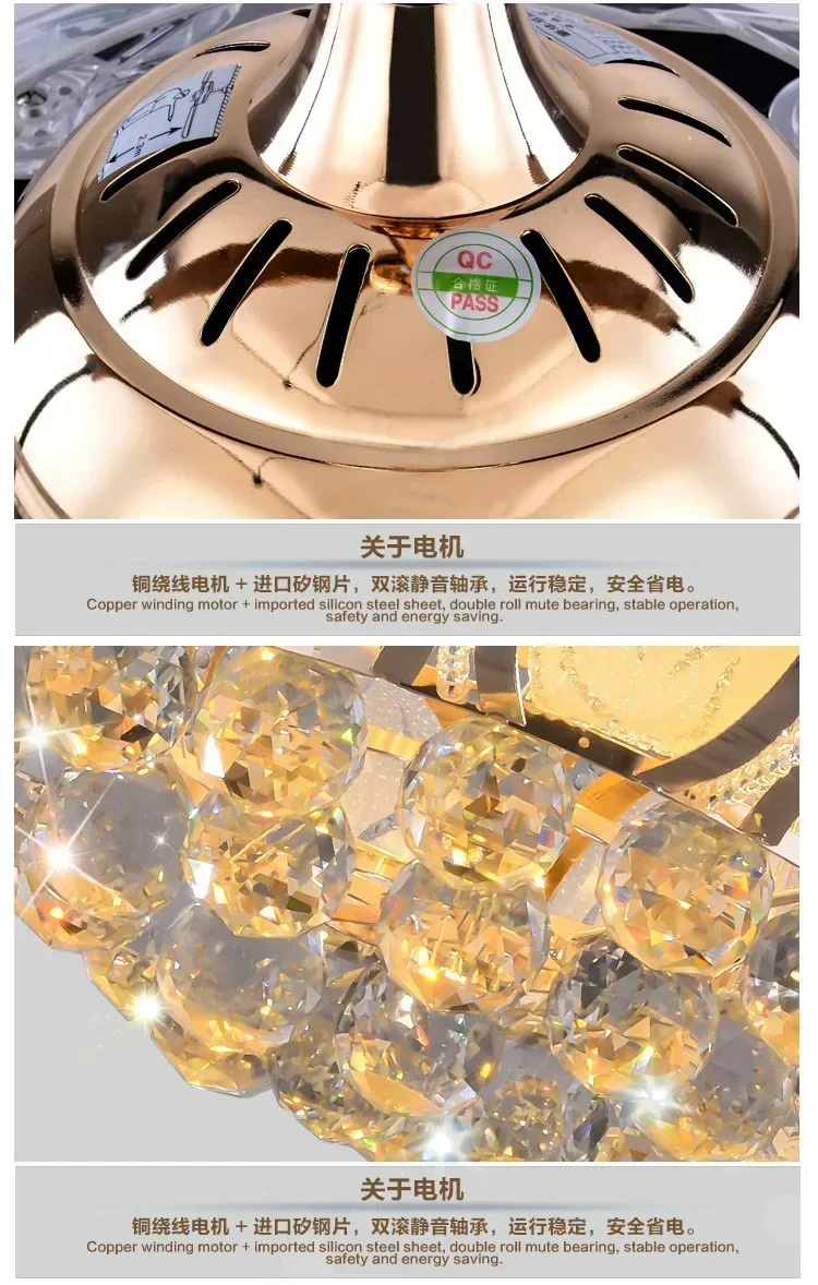 Modern 42 Inch Gold Lotus Ceiling Fan with Crystal Light Luxury Folding Design Remote Control