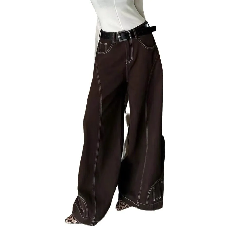 

Women's Jeans Retro Brown Line Design Straight Wide-leg Pants High Waist Loose Trousers Hip Hop Dancing Streetwear