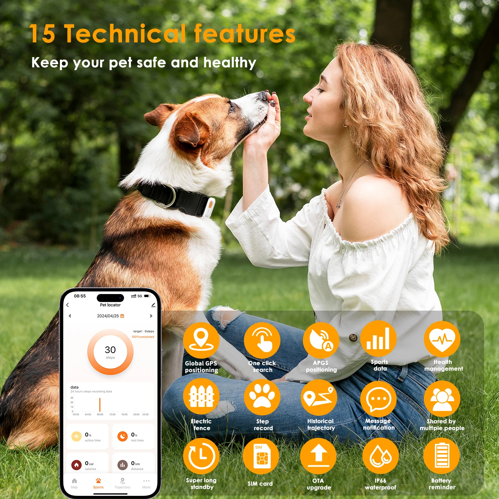 GPS Pet Tracker with SIM Card Tuya APP Real-time Location Magnetic Charging Power Saving Mode Map Navigation for iOS Android