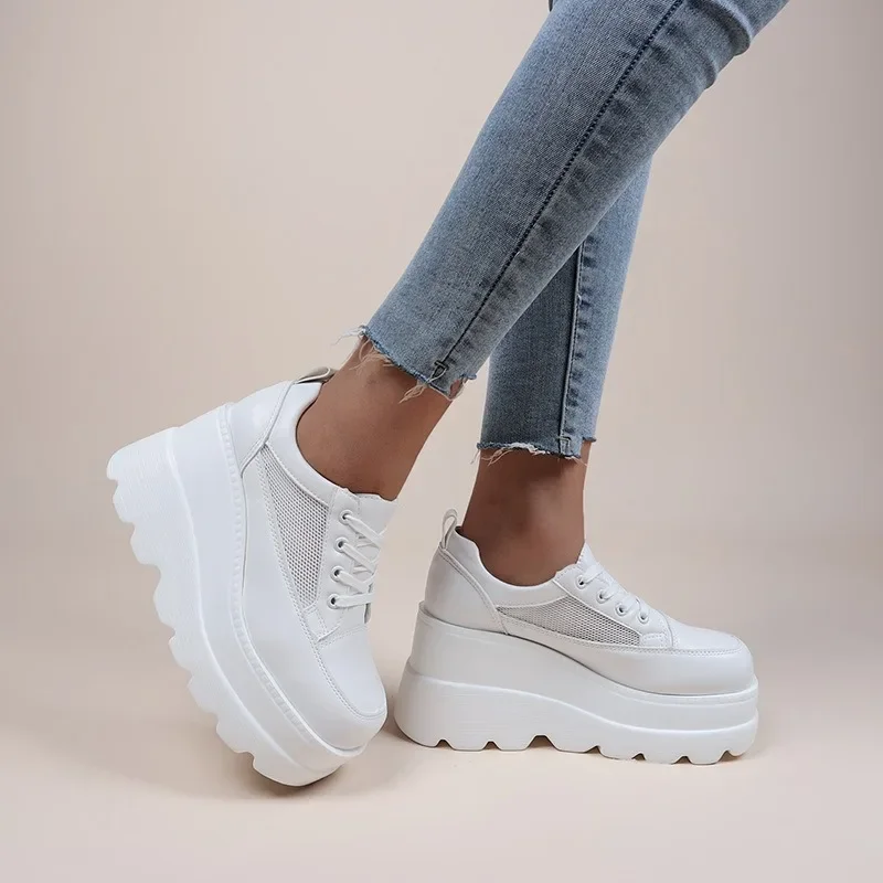 sneakers women trends 2024 NEW White Wedge Sneakers Shoes Platform Breathable Chunky Platform Heel Pumps Shoes Women Heels