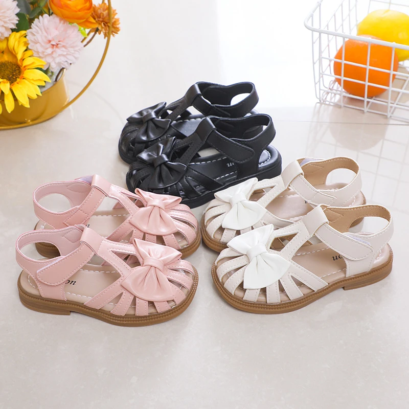 Cute Girls Sandals Bow Peep-toe 2024 New Soft Hook & Loop Beige Kids Princess Shoes Casual Shoes PU Cute Children Shoes Non-slip