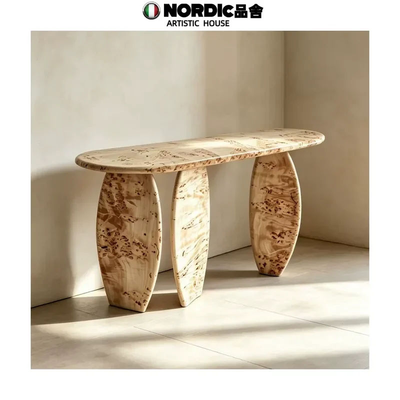 Nordic Wabi Sabi Oval Entryway Table Retro Creative Art Decoration Platform with Tree Knot Pattern for Entrance Hall Console