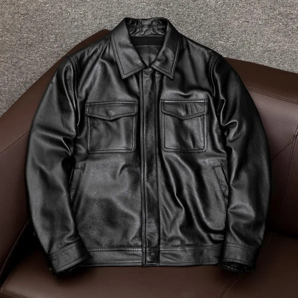 New Men’s Lapel Short-Sleeve Length Cowhide Texture Leather Jacket, Spring Autumn Fashion Trendy Versatile Casual Coat
