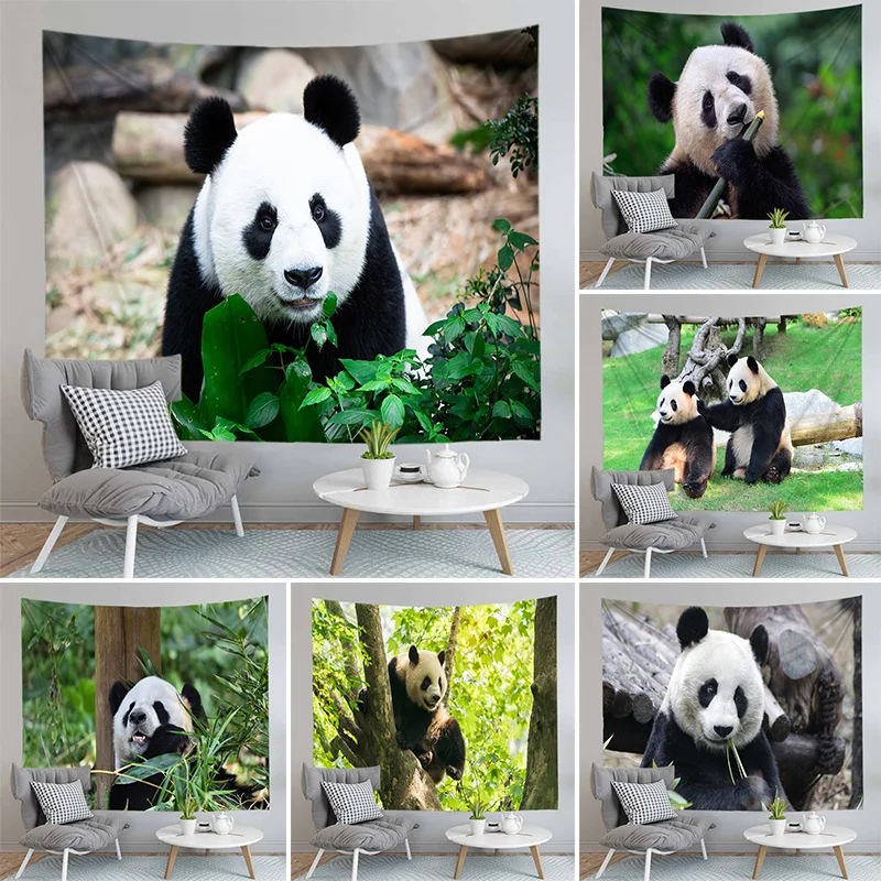 Cute Eating Bamboo Panda Tapestry Wall Hanging Animal Print Home Decor Living Room Bedroom Background Fabric