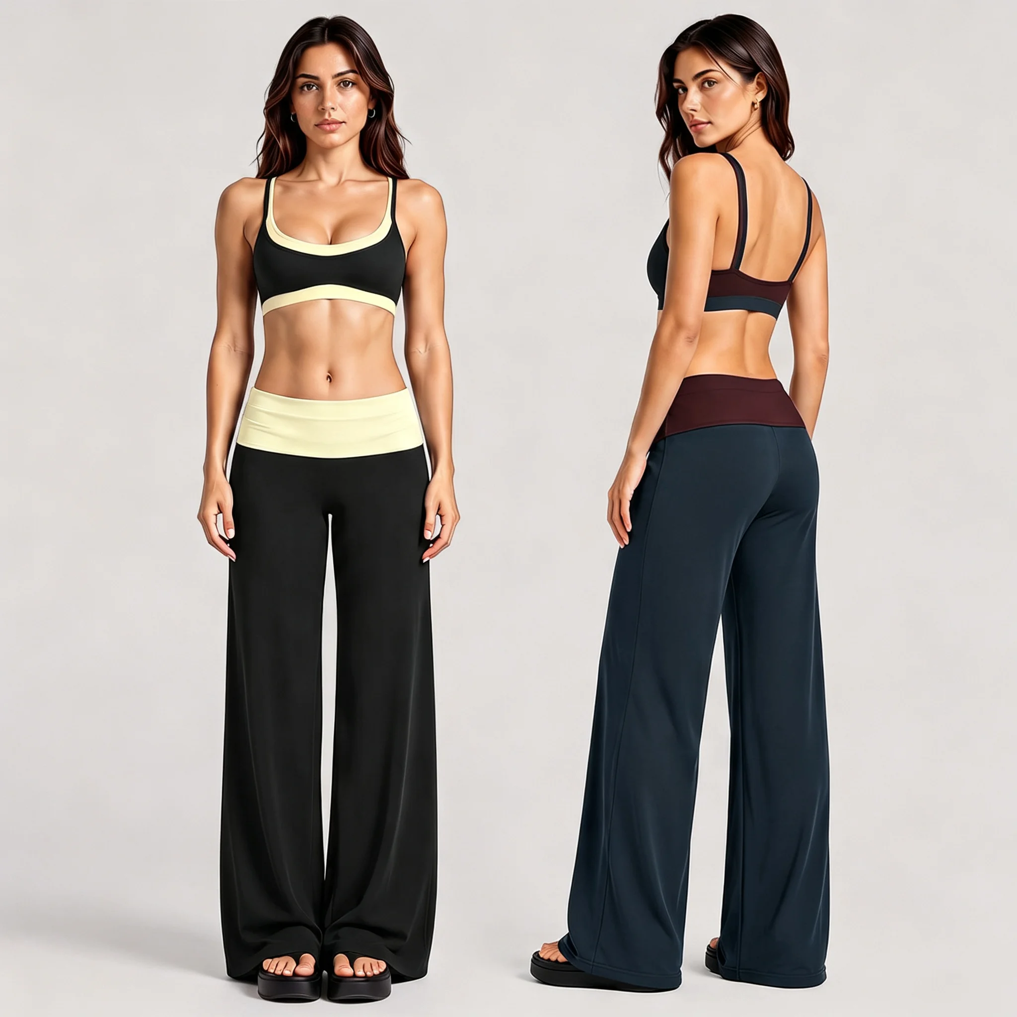 Color Block 2 Piece Activewear Set Double Layer Sports Bra High Waist Straight Leg Pants for Yoga Running Training