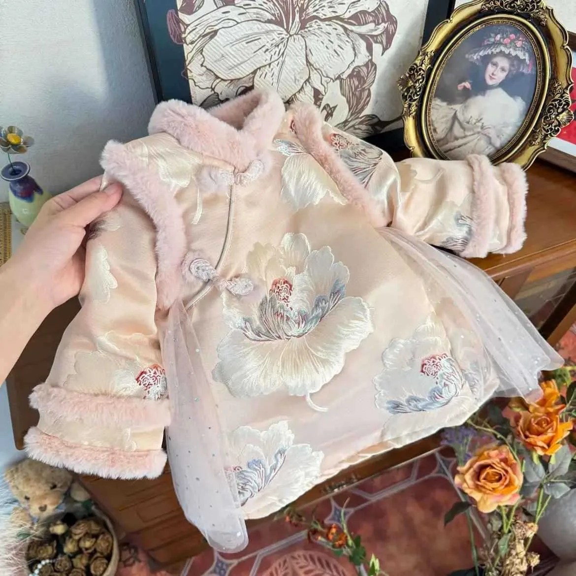 

Girls' Fleece Cheongsam Dress outfit Winter Baby's Winter Fleece Clothes Gilrl's Warm clothes