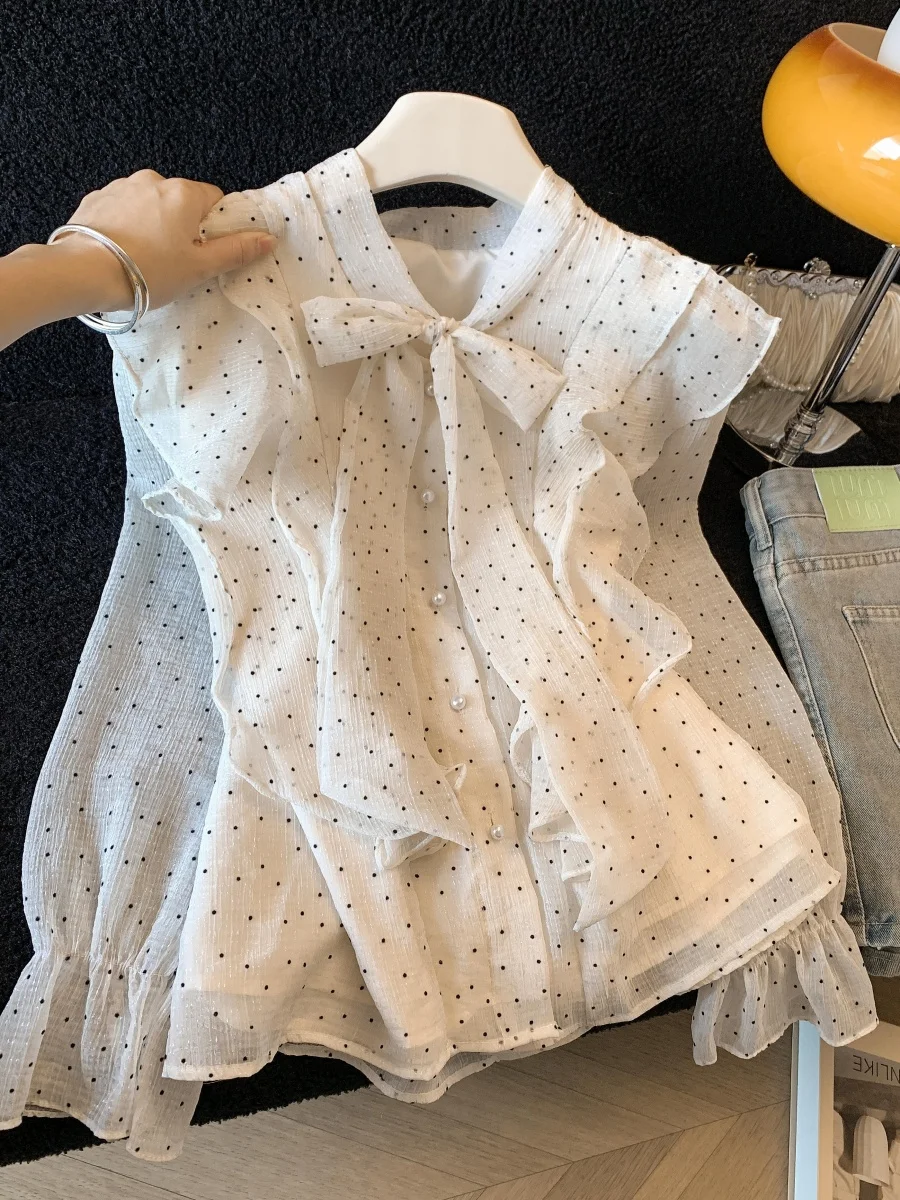 

Miu Polka Dot Knot Spring Long Sleeve Bell Sleeve Chiffon Shirt Elegant Lace Top French Style Loose Fit Lantern Sleeve