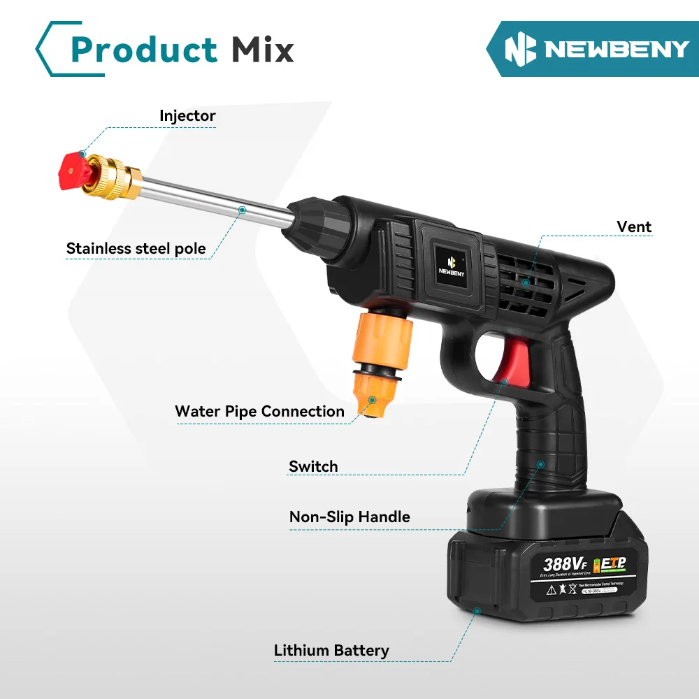 NEWBENY 30Bar Electric Car Washer Cordless Efficient Rechargeable Car Washing Garden Water Gun For Makita 18V-21V Battery