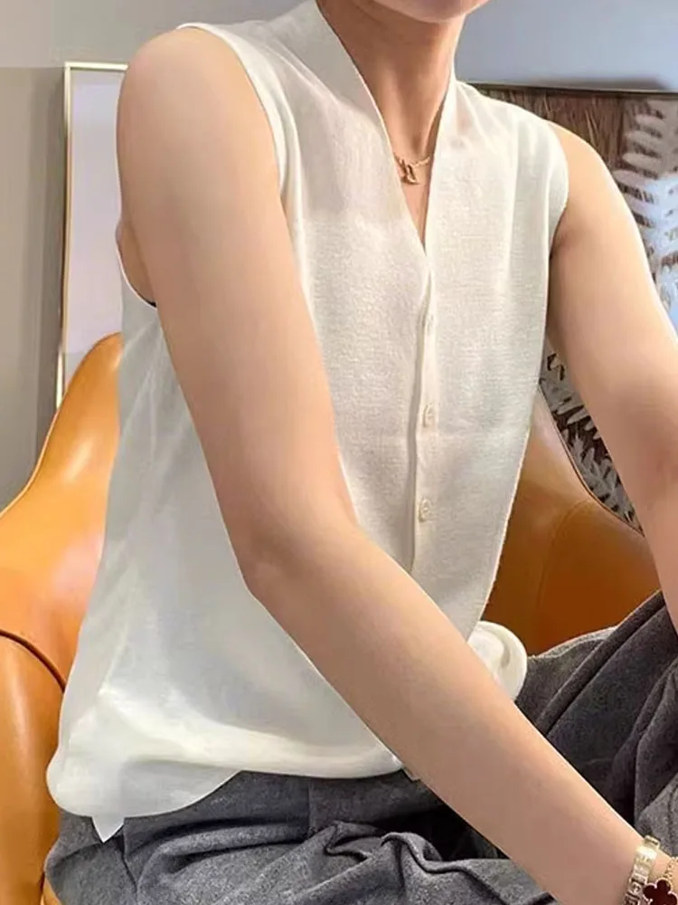 

Sli Knitted Single-Button Base irt Svel Pure Color Layering Trendy Vest Age-Defng Korean Sle Commute Faion