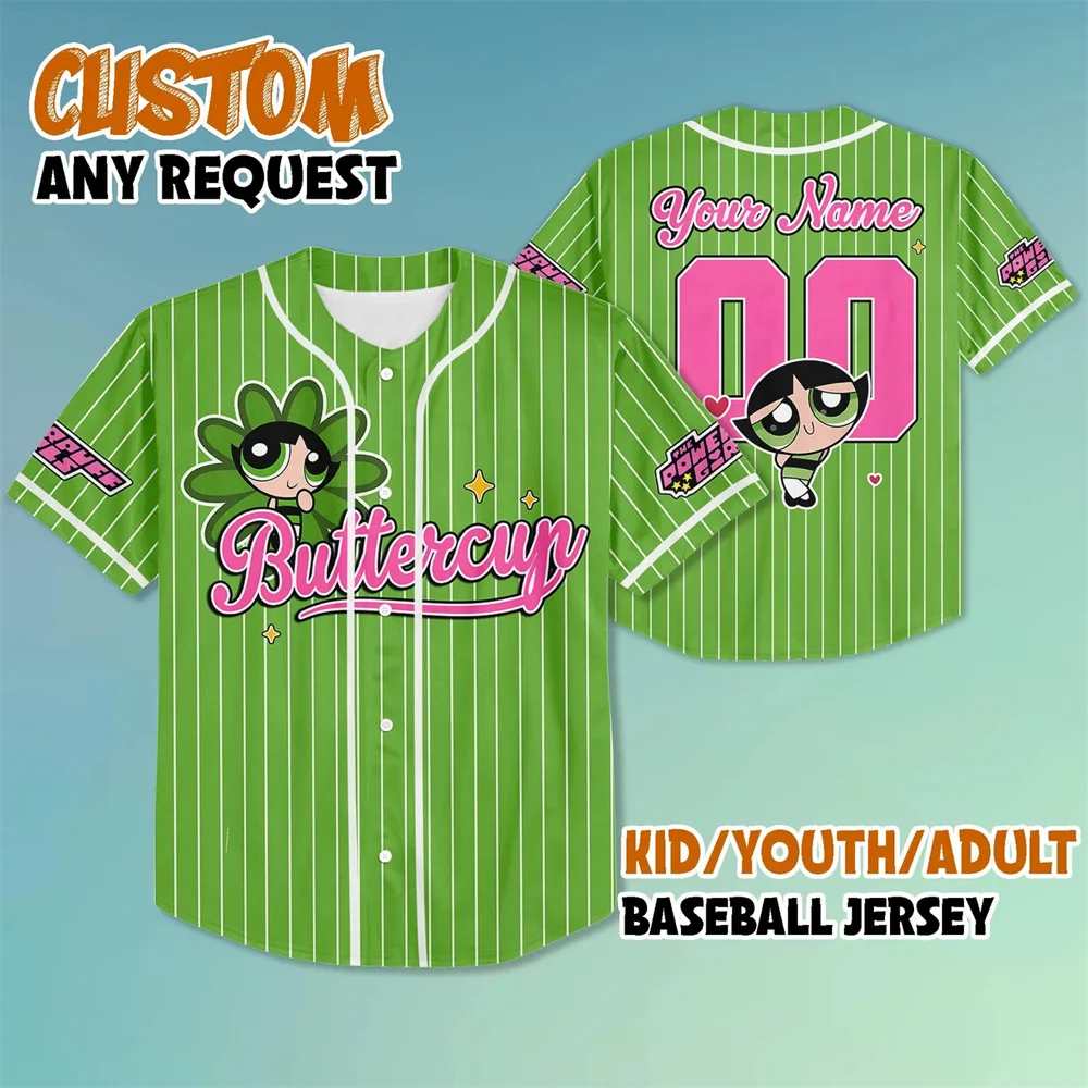 Tout nouveau maillot de Baseball personnalisé Powerpuff pour filles, bulle de fleurs, mode de rue, chemise de Baseball à manches courtes pour hommes et femmes