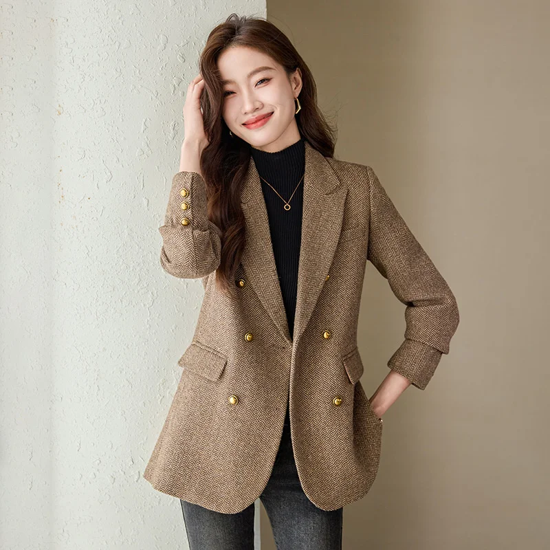 Fashion Women Blazer Ladies Grey Coffee Long Sleeve Female Casual Jacket For Autumn Winter Double-Breasted Suit Female Outerwea