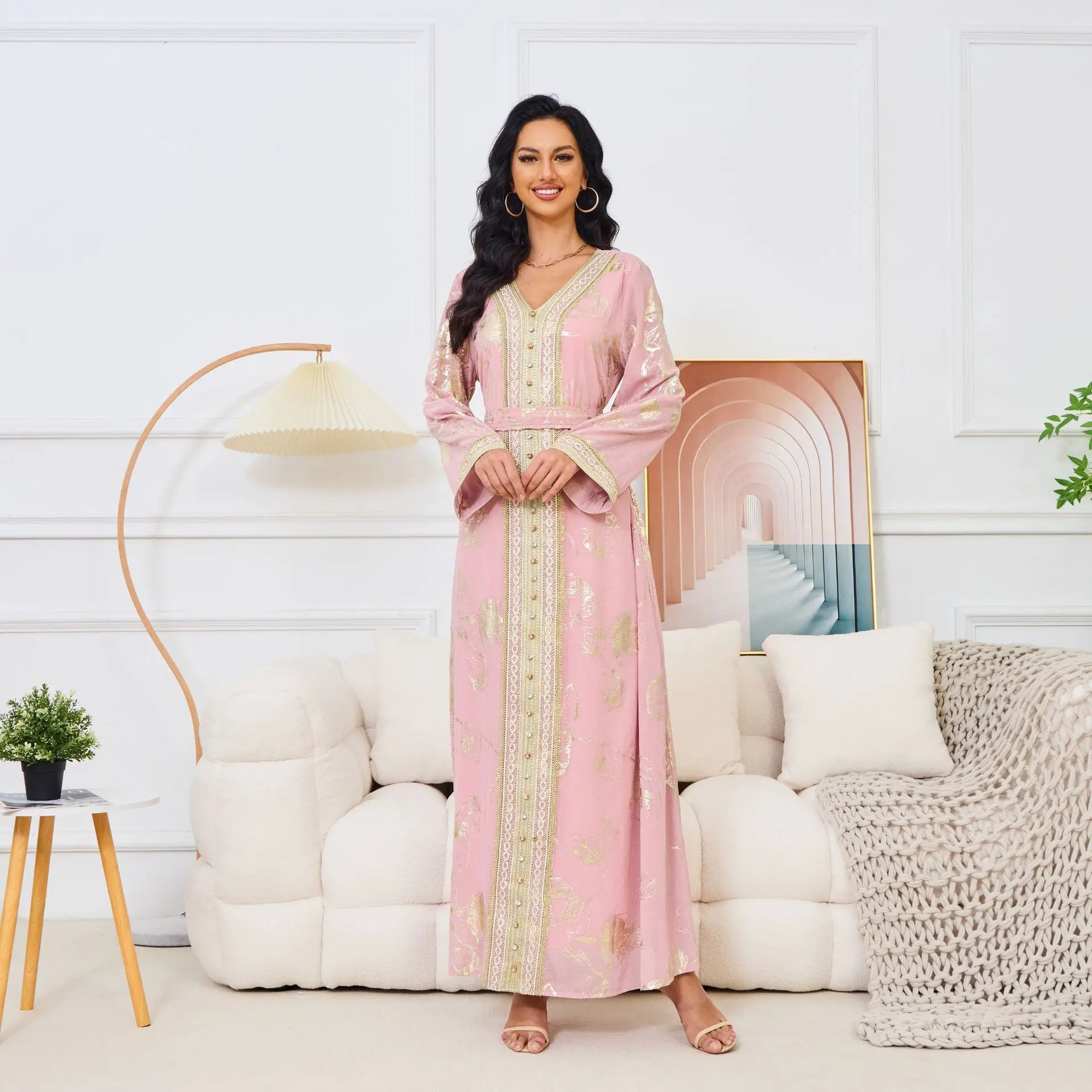 

Модное розовое золотое платье с тиснением, женская одежда, вечернее платье для вечеринки, модель 032, юбка, длинный рукав, стандартный рукав, триацетатное волокно