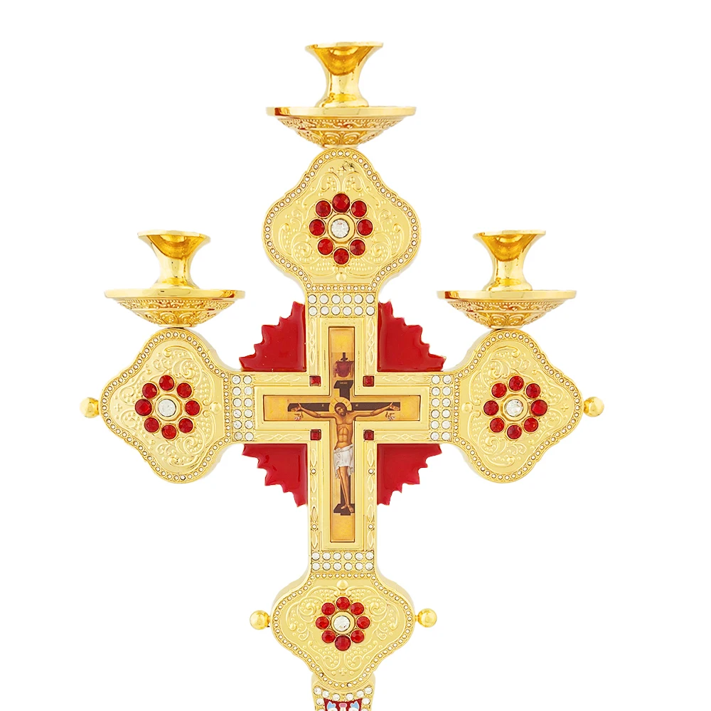 Orthodoxer Kreuz-Kerzenhalter aus vergoldeter Zinklegierung mit Jesus-Kruzifixion 16,3 Zoll Kirchenaltar-Dekoration Heim-Gebets-Religion-Geschenk – Detail 7