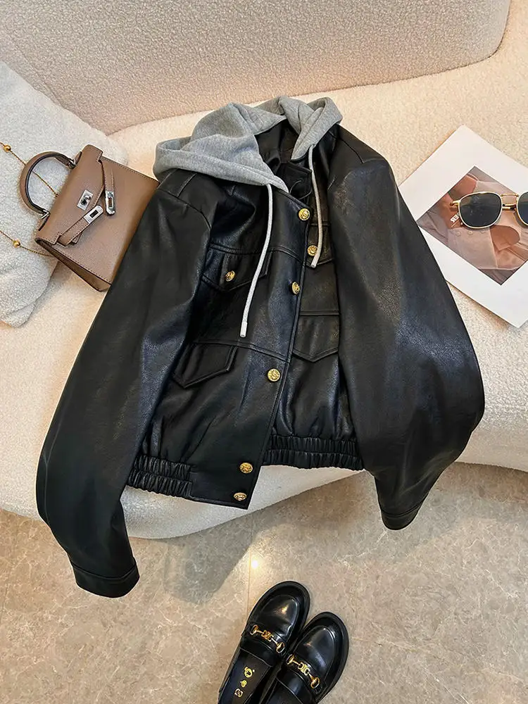 High End Black Leather Jacket Loose Fashion Short Motorcycle Pu Coat 2024 Autumn New Versatile Casual Women\'s Leather Garment