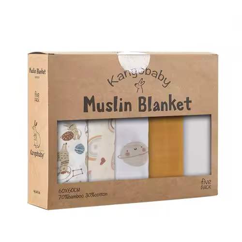 Kangobaby #My Soft Life# 5 Pieces Pack Multi-Functional Bamboo Cotton Muslin Blanket Baby Burp Cloth Set - Image 15