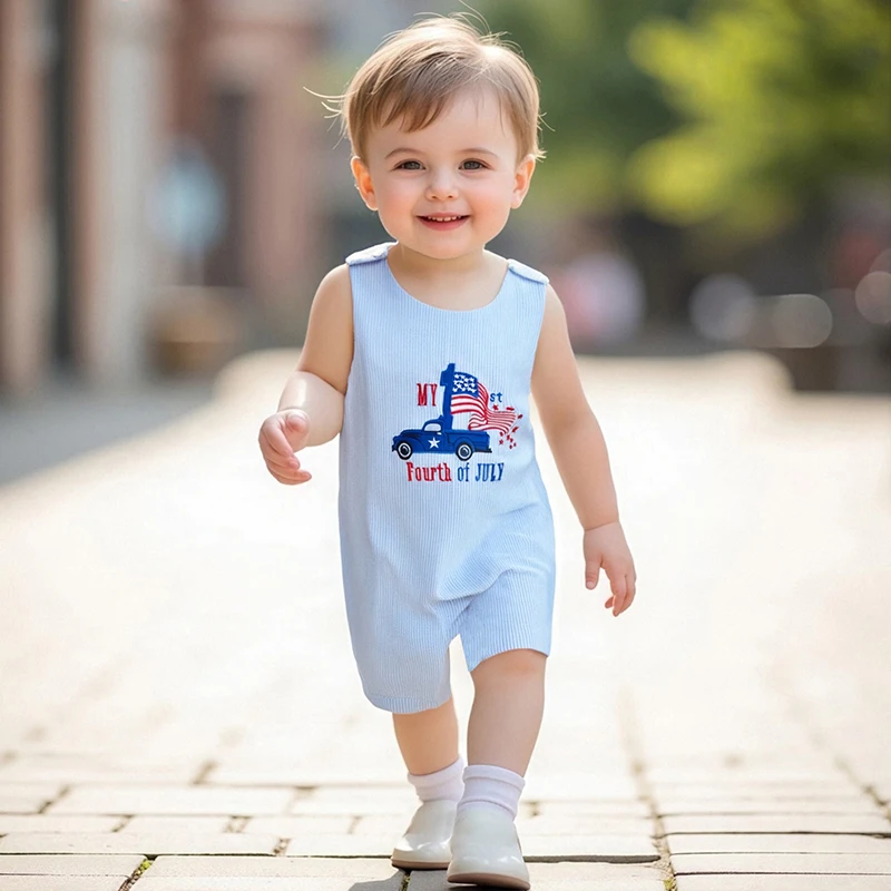 طفل رضيع 4th من يوليو رومبير وزرة سيارة التطريز شريط طباعة أكمام جولة الرقبة تانك بذلة #2