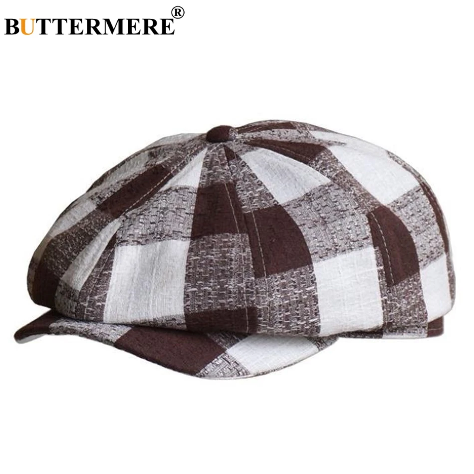 Buttermere Tukang Koran Topi Pria Wanita Linen Oktagonal Cap Hitam Inggris Putih Kotak-kotak Baret Topi Musim Semi Musim Panas Pria Wanita Topi Datar