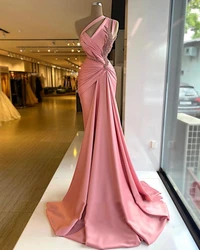Luxurious Pink Ladies Cocktail Party Dress One-Shoulder Sleeves Cut-out Pleated Satin Pearl Fishtail Floor Ball Gown Customized
