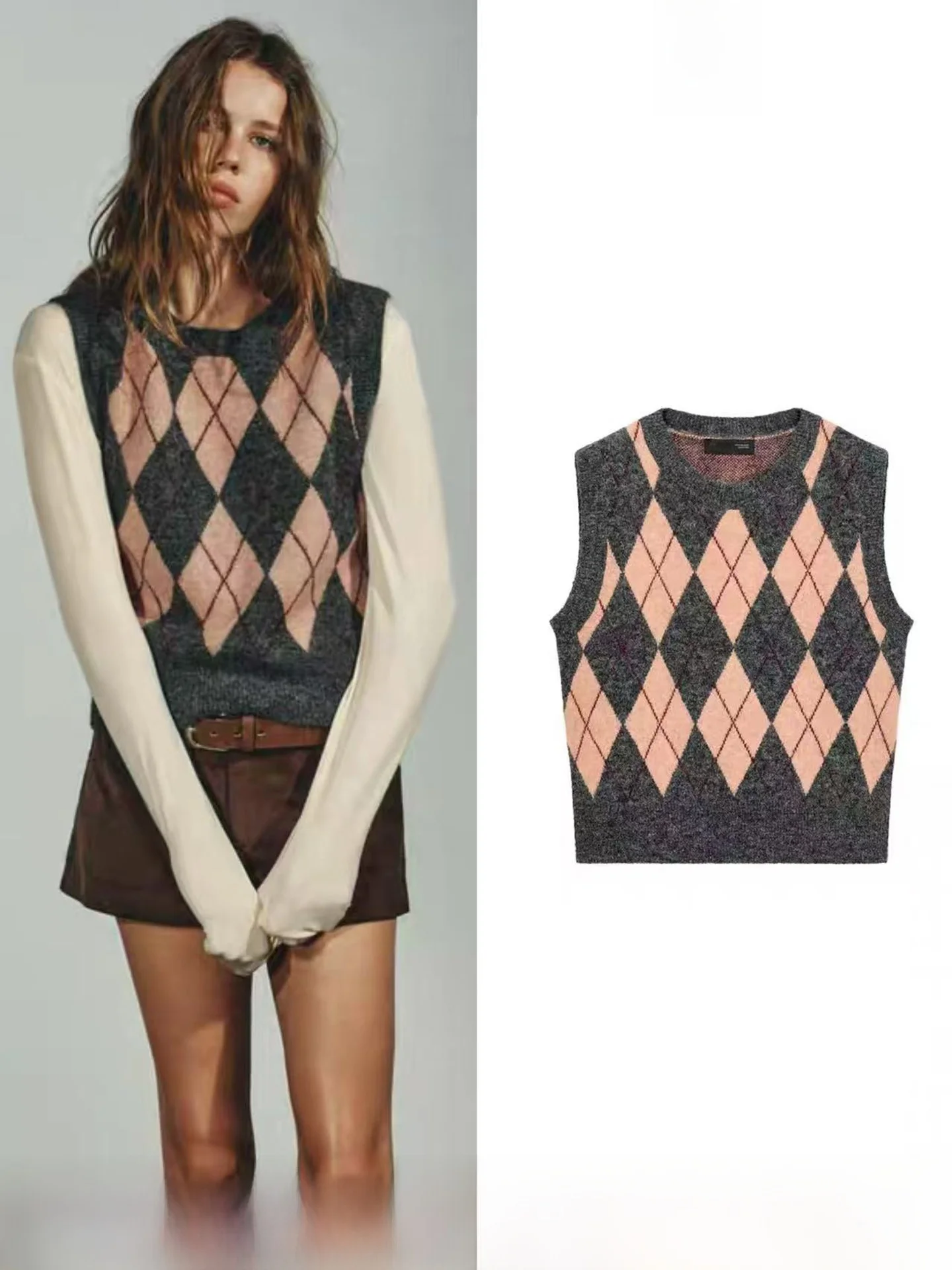 

Новая зимняя женская вязаная жилетка с круглым вырезом, узором «бриллиант», дизайнерская, из полиэфирного волокна, для повседневной носки, теплая, средней длины