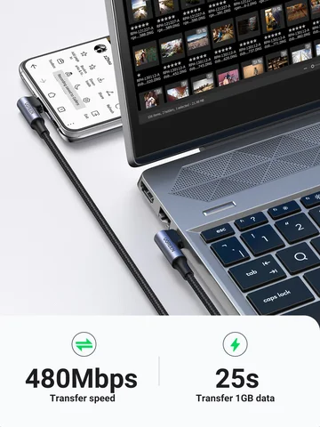 UGREEN 90-градусный кабель PD100W USB C для быстрой зарядки iPhone, Samsung, MacBook — фото устройства