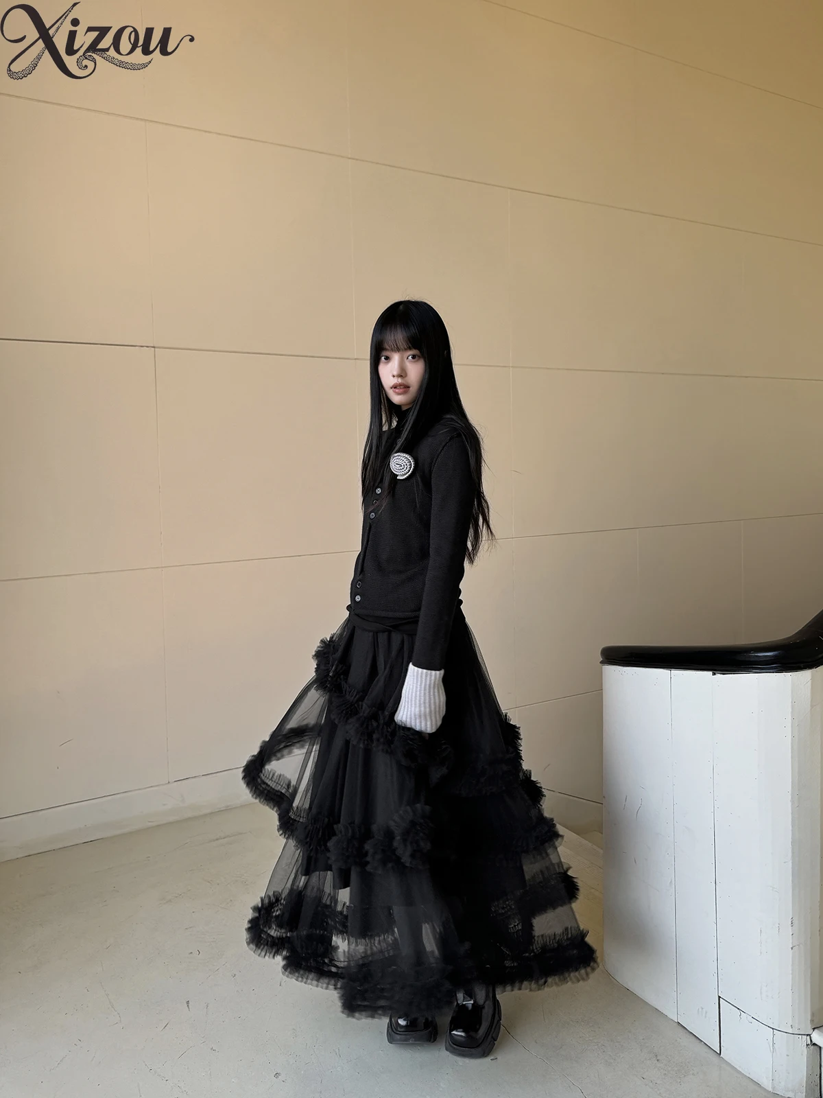 

2025 Summer Autumn Women Skirt Multi-layered Chiffon Mesh Cake Skirt High Waisted A-line Slim Lace Irregular Fairy Party Korean
