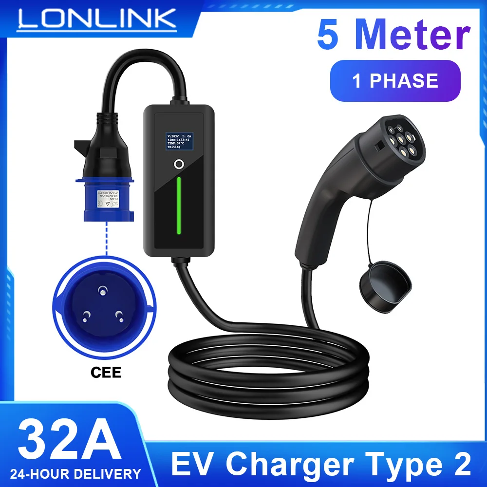 

LONLINK ev charger type 2 charger 32A 7KW 5 meter level 2 evse wall box charger 240v ev charger CEE plug Electrical cardevices