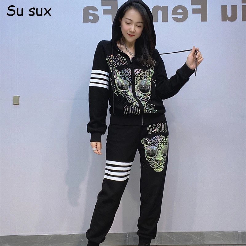 2025 Spring Autumn Sequins Leopard Head Zipper Hooded 2 Pieces Sets Tracksuit Women Striped Pencil Pant Sets Vestidos Y2k Clothe