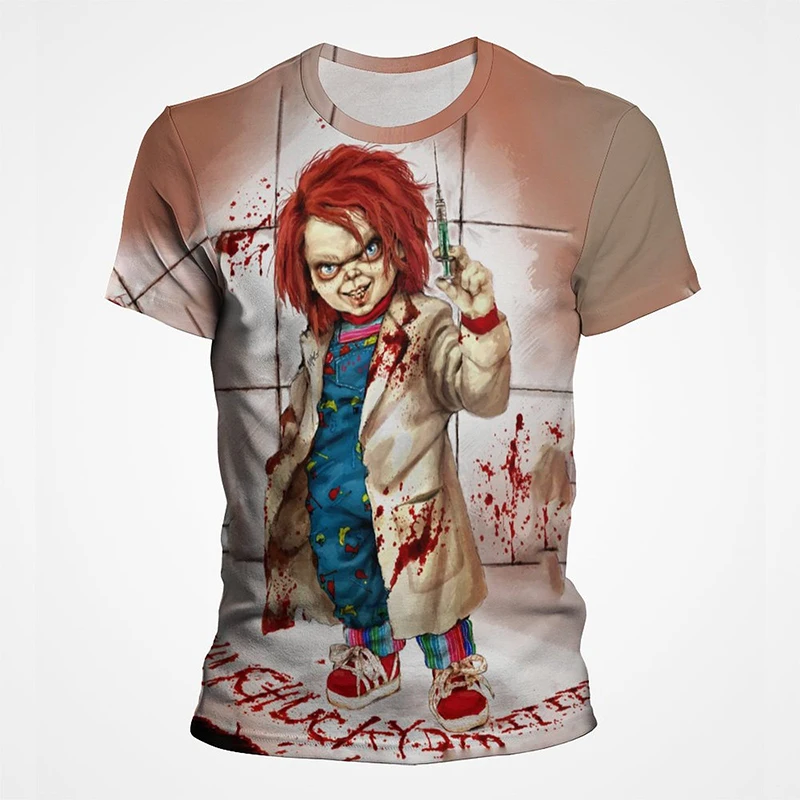 Horror Movie Chucky Print T-shirts Vintage Retro Men Tops Goth Bloody Summer Fashion Short Sleeve O Neck Oversized Women Clothes